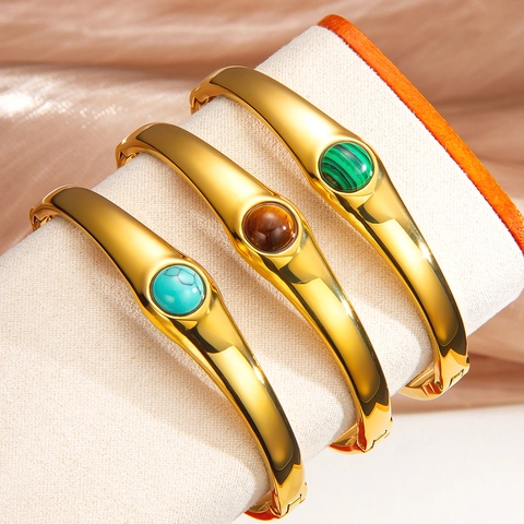 Brazalete de Acero Inoxidable con Piedra Natural Vintage para Mujer Pulsera Estilo Palacio Piedras Preciosas de Colores Oro Plata