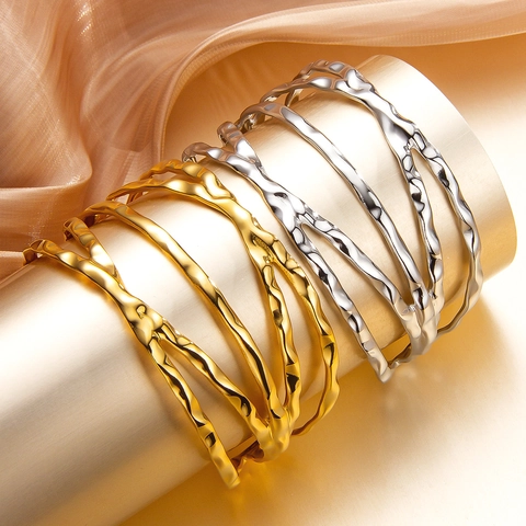 Bracciale Rigido Multistrato A Onde Irregolari Da Donna Bracciale Aperto Traforato In Acciaio Inossidabile Placcato Oro 18K Gioielli Minimalisti