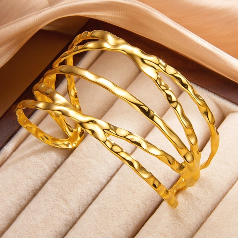 Bracciale Rigido Multistrato A Onde Irregolari Da Donna Bracciale Aperto Traforato In Acciaio Inossidabile Placcato Oro 18K Gioielli Minimalisti