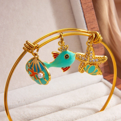 Oceaan Thema Bedelarmband Roestvrij Staal Emaille Schelp Zeester Vis Verstelbaar Verguld Marine Stijl Vrouwen