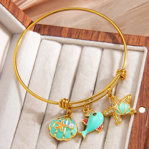 Oceaan Thema Bedelarmband Roestvrij Staal Emaille Schelp Zeester Vis Verstelbaar Verguld Marine Stijl Vrouwen