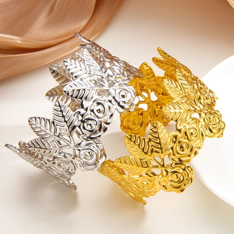 Vintage Rose Flower Cutout Cuff Bracelet Stainless Steel Gold Silver Plated Wide Adjustable Bangle For Women Party Jewelry