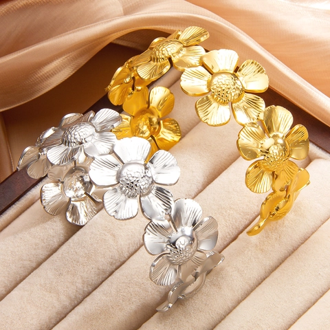 Bracelet Jonc Fleur Acier Inoxydable Élégant Marguerite Couronne Bracelet Pour Femmes Style Minimaliste Français Accessoire