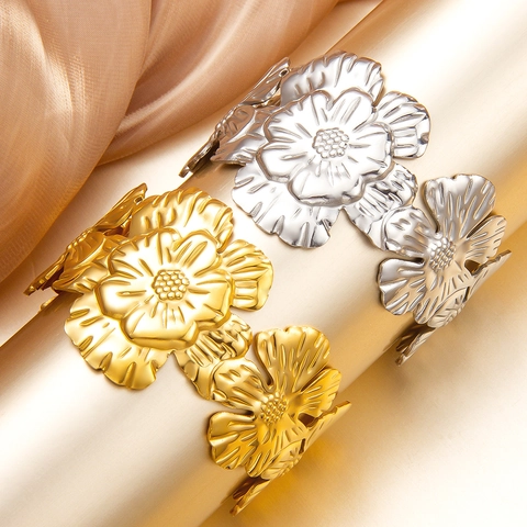 Vintage 3D Floral Open Cuff Bangle Stainless Steel Embossed Wide Adjustable Bracelet Luxury Jewelry For Women