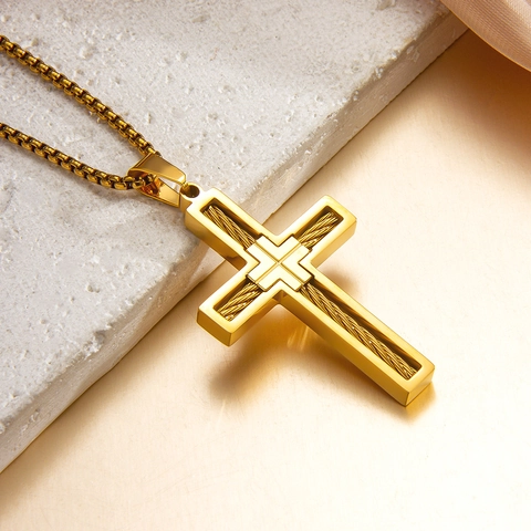 Trend Kreuz Edelstahl Halskette 18K Vergoldet Punk Stil Herren Anhänger Halskette Boxkette Industrie Schmuck Geschenk