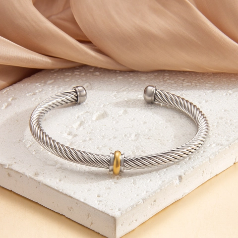 Bracciale Rigido A Torsione In Acciaio Inossidabile Bicolore Oro Argento Colore Regolabile Per Donna Gioielli Eleganti