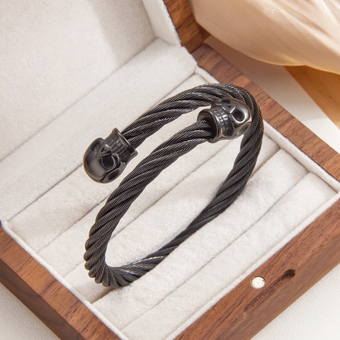 Stainless Steel Skull Cuff Bracelet Twisted Cable Wire Bangle Punk Gothic Adjustable Jewelry For Men Halloween