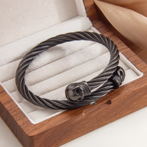 Stainless Steel Skull Cuff Bracelet Twisted Cable Wire Bangle Punk Gothic Adjustable Jewelry For Men Halloween