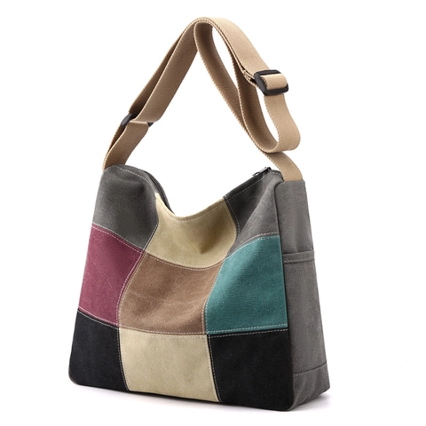 Women Vintage Canvas Color Block Tote Bag Large Capacity Patchwork Shoulder Bag Casual Commute Handbag With Adjustable Strap