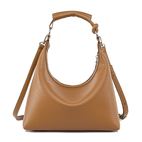 Women Hobo Shoulder Bag Lychee Texture PU Leather Underarm Tote With Knot Handle Adjustable Strap Minimalist Chic