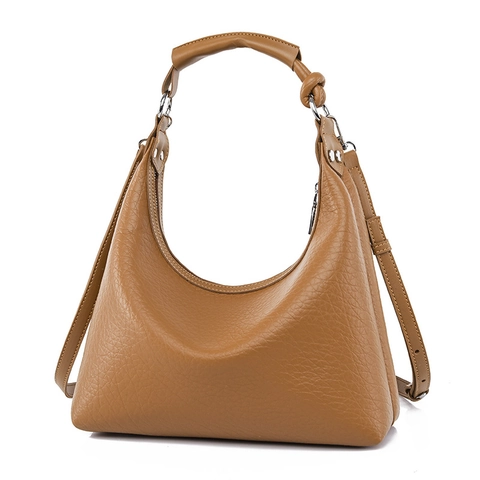 Women Hobo Shoulder Bag Lychee Texture PU Leather Underarm Tote With Knot Handle Adjustable Strap Minimalist Chic