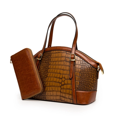 Retro Krokodil Reliëf PU Leren Handtas En Portemonnee Gouden Hardware Elegante Grote Capaciteit Tote Voor Vrouwen