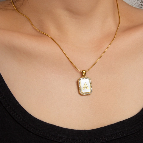 Luxury Stainless Steel Initial Letter Pendant Necklace Women Gold Plated White Shell Zirconia Inlaid Fashion Jewelry Gift