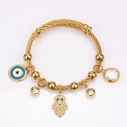 Roestvrijstalen Gedraaide Kabel Armring Verstelbaar Verguld Hamsa Hand Boze Oog Bedel Religieuze Sieraden