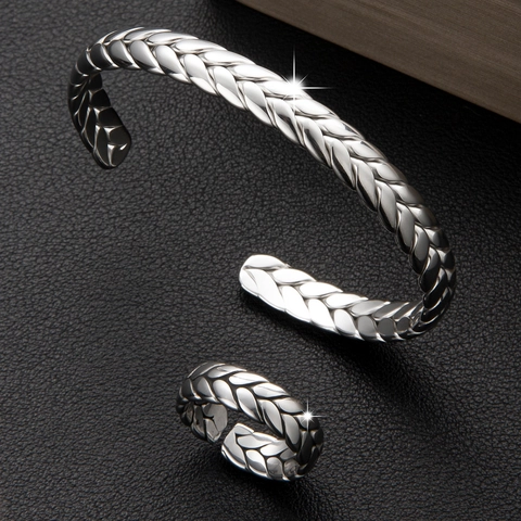 Conjunto De Pulsera Abierta Y Anillo De Acero Inoxidable Con Espiga De Trigo Textura Trenzada Joyería Ajustable Vintage Para Mujer Hombre