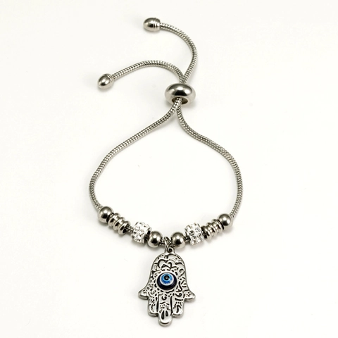 Pulsera Ajustable de Acero Inoxidable Chapado en Oro de 18K Mano de Fátima Ojo del Mal para Mujer Zirconia Joyería Étnica Turca Islámica