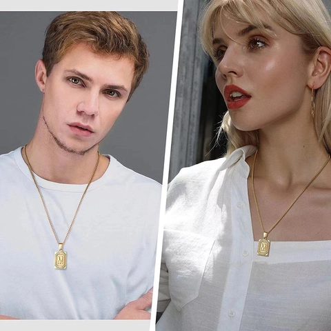 Collana Con Pendente Lettera Iniziale Acciaio Inossidabile Placcato Oro 18K Retro Rettangolare Alfabeto Etichetta Quadrata Gioielli