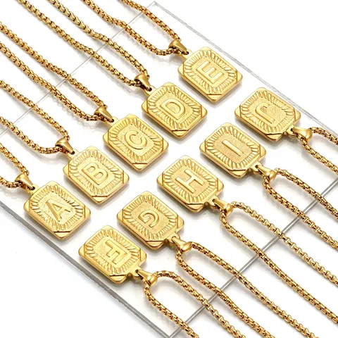 Collana Con Pendente Lettera Iniziale Acciaio Inossidabile Placcato Oro 18K Retro Rettangolare Alfabeto Etichetta Quadrata Gioielli