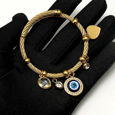 Evil Eye Armreif Edelstahl Zirkon Herz Anhänger Verstellbar Gedrehtes Kabeldraht Glücksschmuck Für Damen