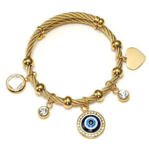 Evil Eye Armreif Edelstahl Zirkon Herz Anhänger Verstellbar Gedrehtes Kabeldraht Glücksschmuck Für Damen