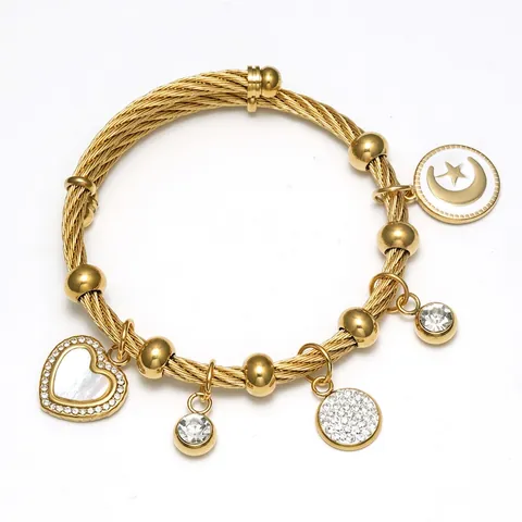 Stainless Steel Twisted Cable Bangle Bracelet Heart Shell Moon Star Charms Zircon Rhinestone Women Bohemian Elegant