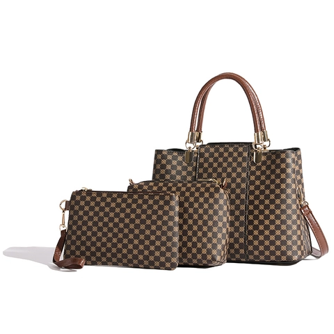 Vintage Monogram Women Handbag Set Large Capacity PU Leather Tote Bag Shoulder Bag And Pouch For Daily Travel Office