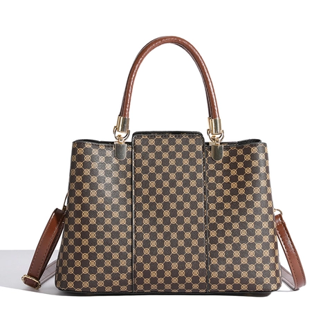 Vintage Monogram Women Handbag Set Large Capacity PU Leather Tote Bag Shoulder Bag And Pouch For Daily Travel Office