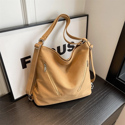 Borsa Tote In Tela Grande Capacità Multifunzionale Spalla E Zaino Con Tasche Anteriori Con Cerniera Streetwear Donna