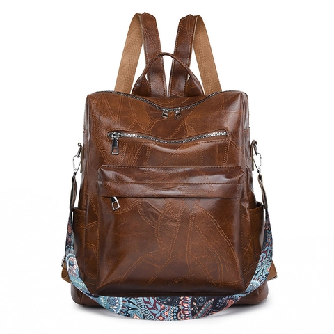 Vintage PU Leather Backpack For Women With Bohemian Embroidered Strap Multi-Pocket Anti-Theft Travel School Bag