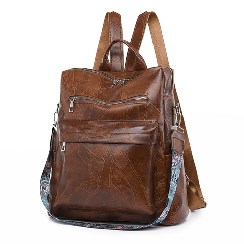 Vintage PU Leather Backpack For Women With Bohemian Embroidered Strap Multi-Pocket Anti-Theft Travel School Bag