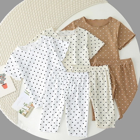 Kids Polka Dot Ribbed Pajamas Set Short Sleeve T-Shirt And Pants Summer Cotton Loungewear For Boys Girls