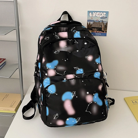 Mochila de Moda con Estampado de Cielo Estrellado Gran Capacidad de Nailon Bolsa Escolar para Estudiantes Mujeres Mochila de Viaje con Colgante