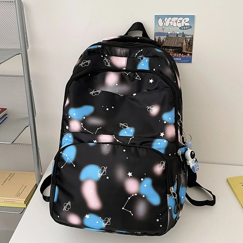 Mochila de Moda con Estampado de Cielo Estrellado Gran Capacidad de Nailon Bolsa Escolar para Estudiantes Mujeres Mochila de Viaje con Colgante
