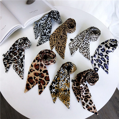 Leopard Print Skinny Scarf Polyester Satin Narrow Neck Tie Ribbon For Handbags Hair Wrist Women Fashion Accessories