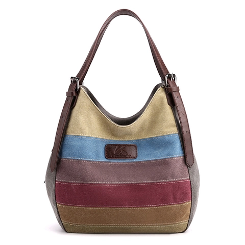 Women Large Capacity Canvas Tote Bag Multicolored Stripes Casual Shoulder Handbag With Adjustable Leather Straps Zipper Closure