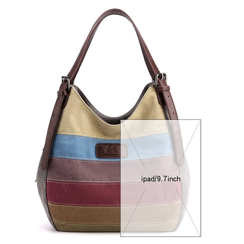 Women Large Capacity Canvas Tote Bag Multicolored Stripes Casual Shoulder Handbag With Adjustable Leather Straps Zipper Closure