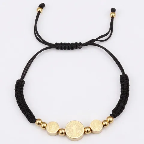 Pulsera De Cuerda Trenzada Medalla San Benito Cuentas De Acero Inoxidable Hecha A Mano Joyería Católica Religiosa Ajustable