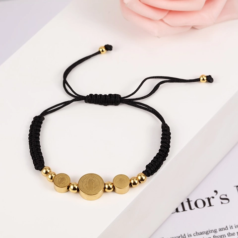 Pulsera De Cuerda Trenzada Medalla San Benito Cuentas De Acero Inoxidable Hecha A Mano Joyería Católica Religiosa Ajustable