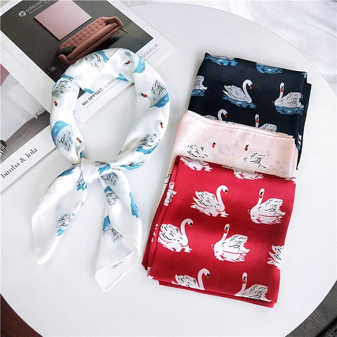 Elegant Swan Print Square Scarf Satin Satin Neckerchief For Women Office Work Professional Versatile Fashion Headscarf Hair Band