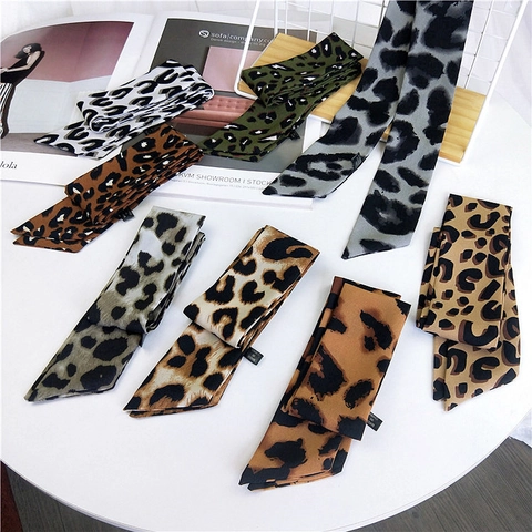 Women Leopard Print Satin Twilly Scarf Narrow Long Neck Scarf Fashion Hair Band Handbag Handle Ribbon Decorative Scarf