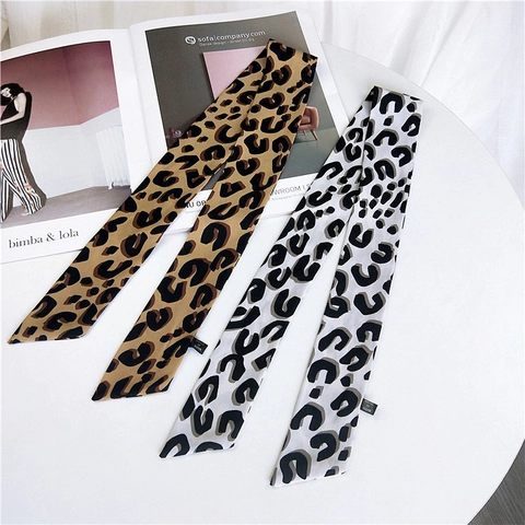 Women Leopard Print Satin Twilly Scarf Narrow Long Neck Scarf Fashion Hair Band Handbag Handle Ribbon Decorative Scarf