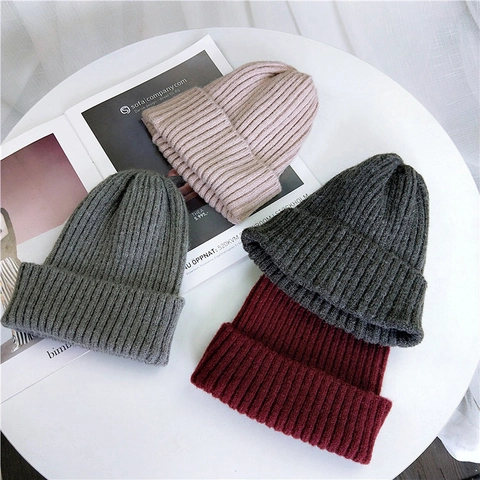 Unisex Winter Ribbed Knit Beanie Warm Thick Solid Color Cuffed Pullover Hat For Men Women Minimalist Casual Outdoor Headwear