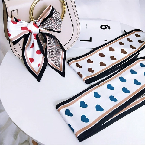 Heart Print Satin Twilly Scarf For Women Houndstooth Pattern Bag Handle Ribbon Neck Scarf Hair Tie Fashion Accessory