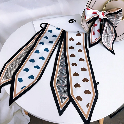 Heart Print Satin Twilly Scarf For Women Houndstooth Pattern Bag Handle Ribbon Neck Scarf Hair Tie Fashion Accessory