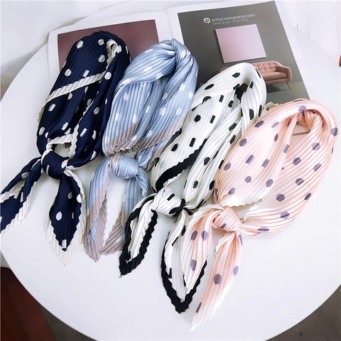 Pleated Square Scarf Polyester Satin Like Polka Dot Leopard Print Retro Neckerchief Decorative Fashion Accessory Women