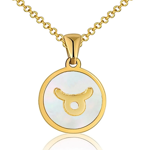 Collier Zodiaque en Acier Inoxydable Plaqué Or 18K Pendentif Rond en Nacre Coquillage Bijoux Constellation Minimaliste Femme