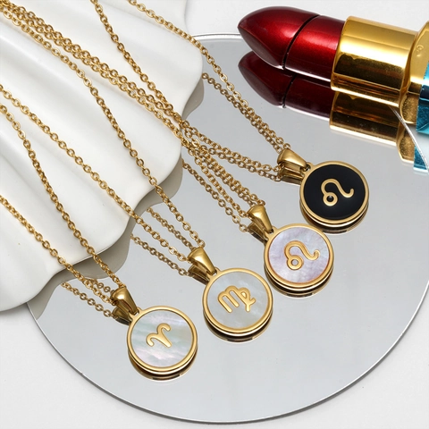 Collier Zodiaque en Acier Inoxydable Plaqué Or 18K Pendentif Rond en Nacre Coquillage Bijoux Constellation Minimaliste Femme