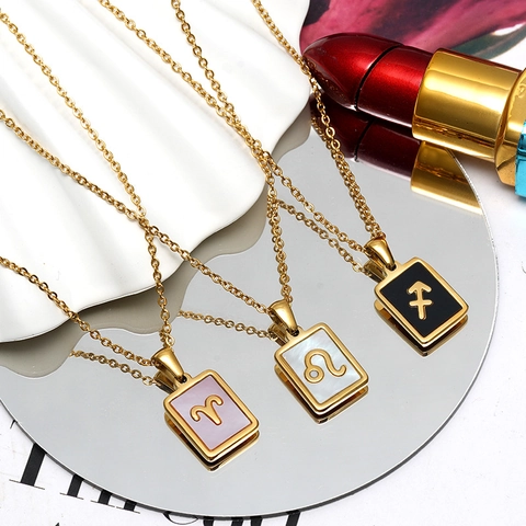 Collier Zodiaque en Acier Inoxydable Plaqué Or 18K Nacre Pendentif Rectangulaire Bijoux de Mode pour Femmes