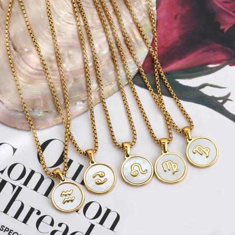 Collier Signe du Zodiaque en Nacre Ronde en Acier Inoxydable Plaqué Or 18K pour Femme Pendentif Coquillage Douze Constellations Bijoux Ajustables