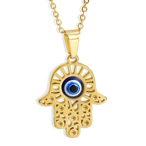 Collier Ethnique en Acier Inoxydable 304 Main de Fatima et Mauvais Œil pour Femme Pendentif Ajouré Plaqué Or 18K Bijoux Cadeau